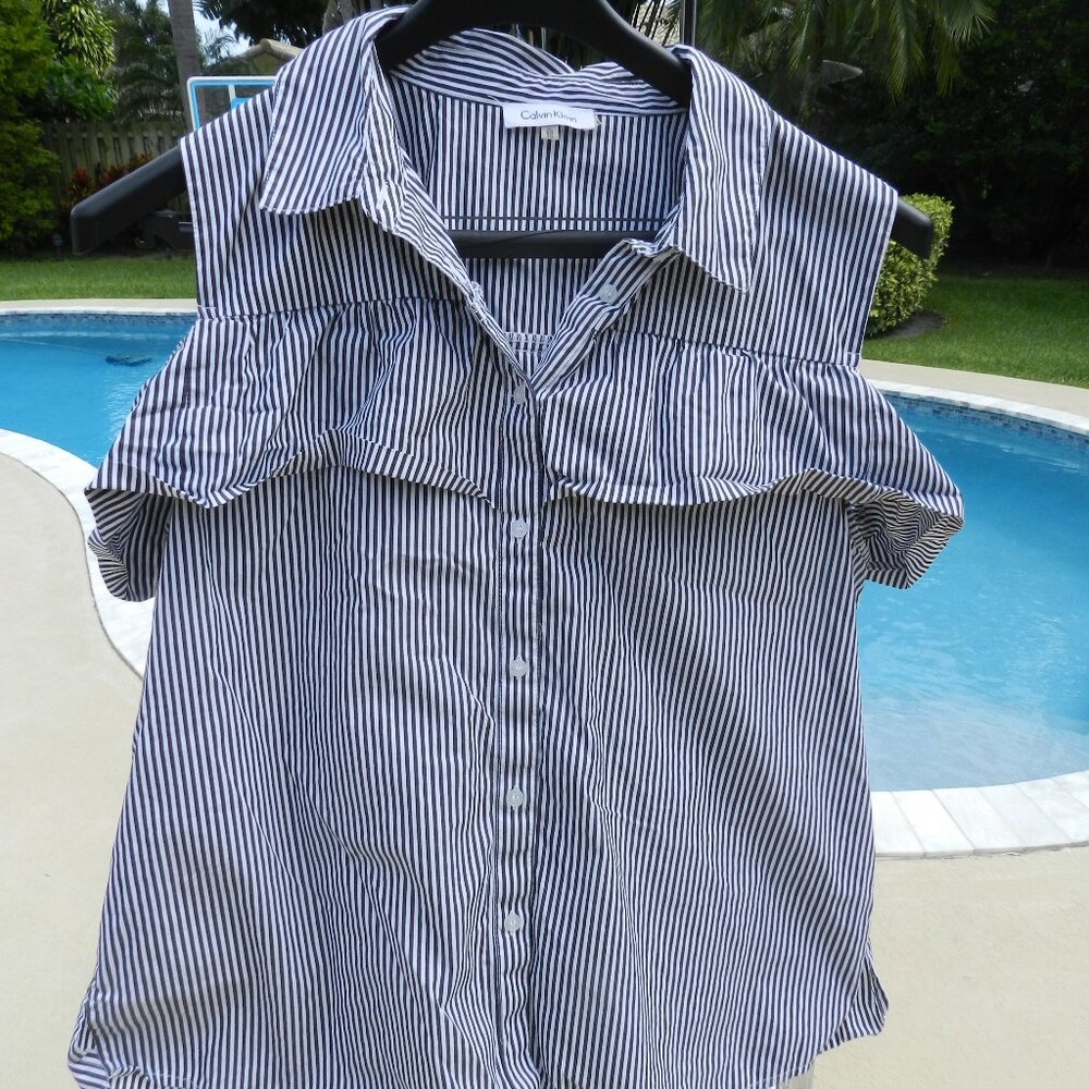 Calvin Klein Jeans Striped Button-Down Short Sleeve Blouse - Size XL